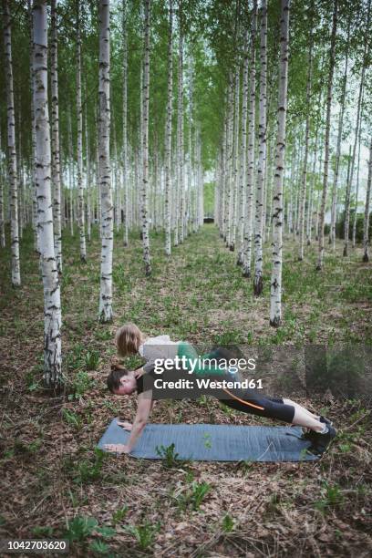 exercise with child as weight - birch tree forest stock pictures, royalty-free photos & images