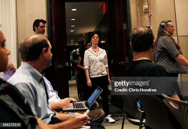 Recently-released hiker Sarah Shourd enters a press conference September 19, 2010 in New York City. Shourd gave a statement entreating the Iranian...
