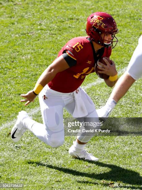 Quarterback Brock Purdy of the Iowa State Cyclones scrambles for yards in the second half of play at Jack Trice Stadium on September 22, 2018 in...