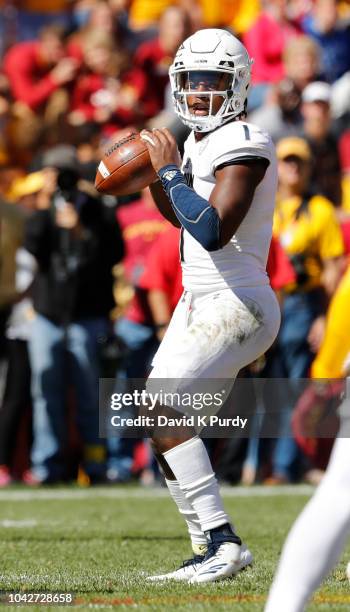 Quarterback Kato Nelson of the Akron Zips looks to pass the ball in the second half of play at Jack Trice Stadium on September 22, 2018 in Ames,...