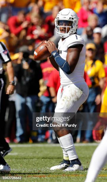 Quarterback Kato Nelson of the Akron Zips looks to pass the ball in the second half of play at Jack Trice Stadium on September 22, 2018 in Ames,...