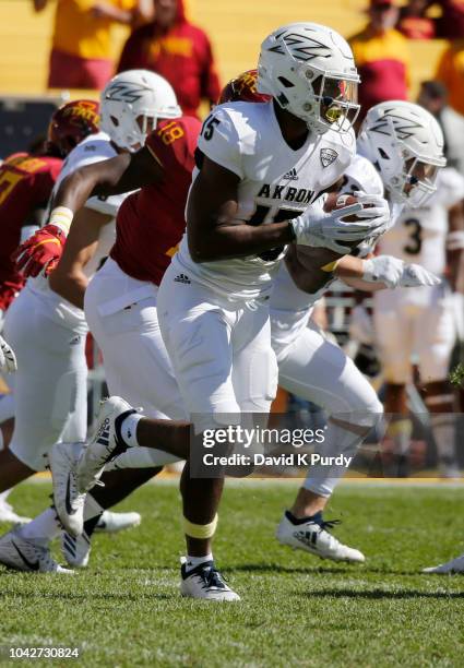 Wide receiver Nate Stewart of the Akron Zips rushes for yards in the second half of play at Jack Trice Stadium on September 22, 2018 in Ames, Iowa....