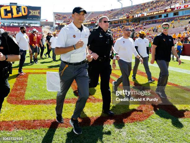 Head coach Matt Campbell of the Iowa State Cyclones leaves the stadium after his team defeated the Akron Zips 26-13 at Jack Trice Stadium on...