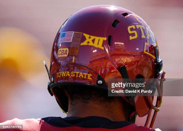 Defensive back D'Andre Payne of the Iowa State Cyclones is pictured wearing a helmet decal to honor Celia Barquin Aromzamena, at Jack Trice Stadium...
