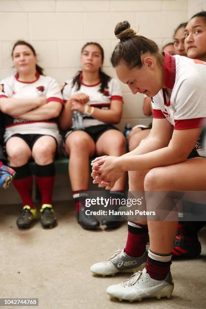 Stacey Tupe of North Harbour listens to the team talk at half time during the round five Farah Palmer Cup match between North Harbour Hibiscus and...