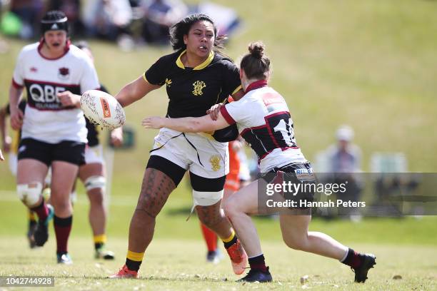 Bernadette Robertson of Wellington charges forward during the round five Farah Palmer Cup match between North Harbour Hibiscus and Wellington Pride...