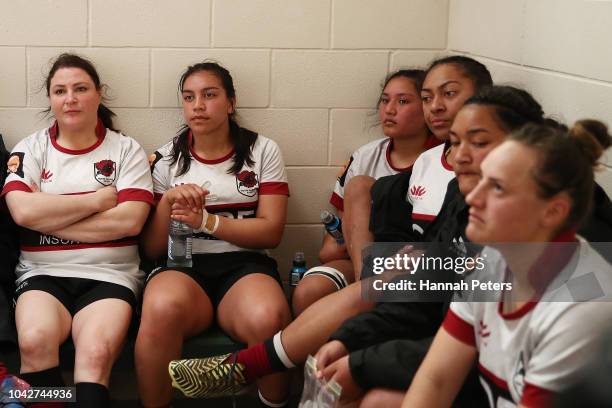 North Harbour sit in the dressing room at half time during the round five Farah Palmer Cup match between North Harbour Hibiscus and Wellington Pride...