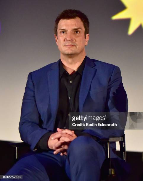 Nathan Fillion speaks onstage during the Closing Night Screening of "Nomis" during the 2018 LA Film Festival at ArcLight Cinerama Dome on September...