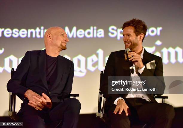 Sir Ben Kingsley and David Raymond speak onstage during the Closing Night Screening of "Nomis" during the 2018 LA Film Festival at ArcLight Cinerama...