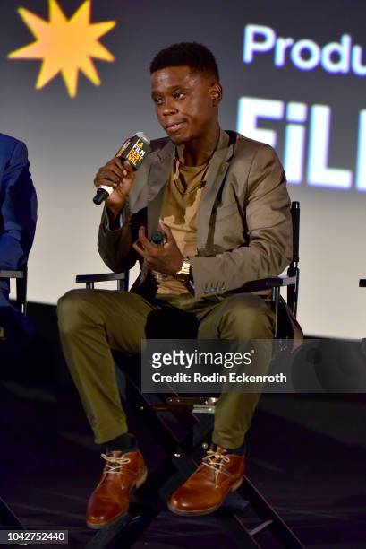 Mpho Koaho speaks onstage during the Closing Night Screening of "Nomis" during the 2018 LA Film Festival at ArcLight Cinerama Dome on September 28,...