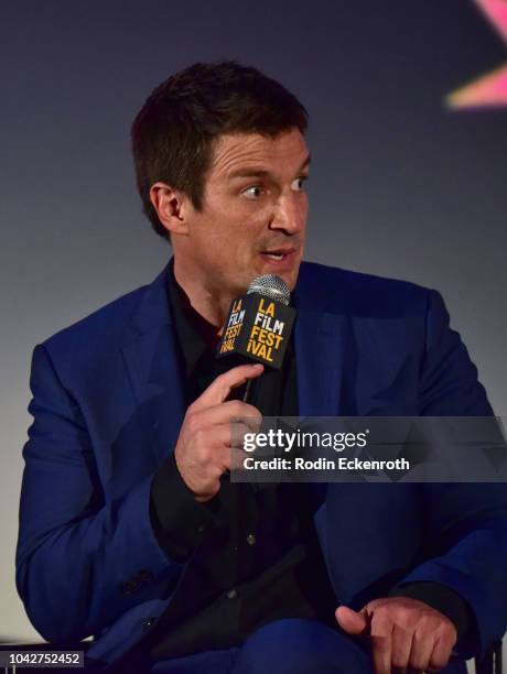 Nathan Fillion speaks onstage during the Closing Night Screening of "Nomis" during the 2018 LA Film Festival at ArcLight Cinerama Dome on September...