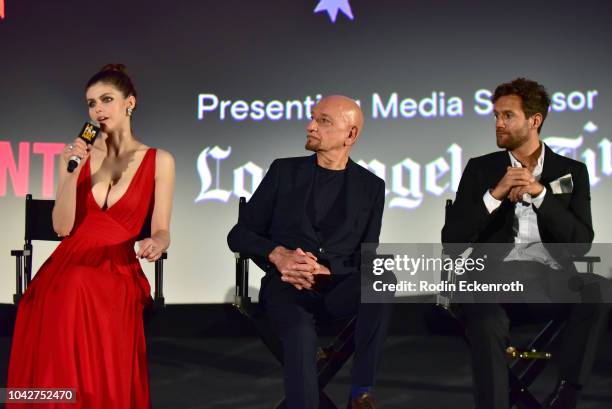 Alexandra Daddario, Sir Ben Kingsley, and David Raymond speak onstage during the Closing Night Screening of "Nomis" during the 2018 LA Film Festival...