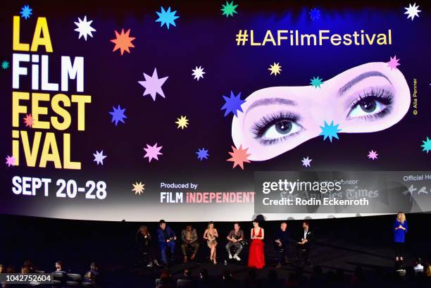 Elvis Mitchell, Nathan Fillion, Mpho Koaho, Eliana Jones, Brendan Fletcher, Alexandra Daddario, Sir Ben Kingsley and David Raymond speak onstage...