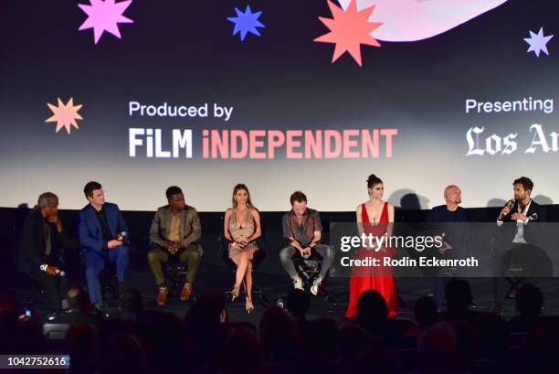 Elvis Mitchell, Nathan Fillion, Mpho Koaho, Eliana Jones, Brendan Fletcher, Alexandra Daddario, Sir Ben Kingsley and David Raymond speak onstage...