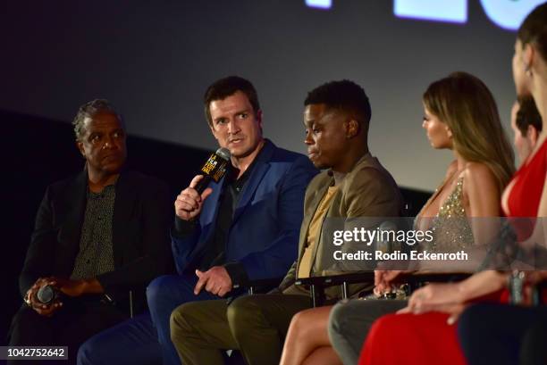 Elvis Mitchell, Nathan Fillion, Mpho Koaho and Eliana Jones speak onstage during the Closing Night Screening of "Nomis" during the 2018 LA Film...