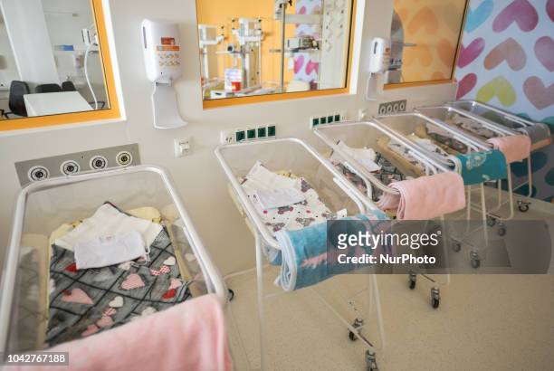 Line of baby beds/strollers awaiting to accomodate newborn babies inside a new Center of Maternity and Women's Medicine, opened in Krakow on Tuesday,...