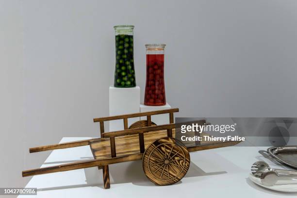 Fruit jars are displayed at a buffet at the Annual Meeting of the New Champions of the World Economic Forum held in Tianjin from September 18 to 20,...