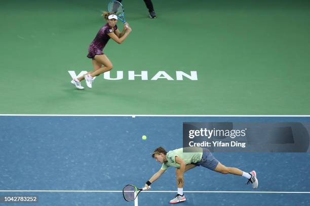 Elise Mertens of Belgium and Demi Schuurs of Netherlands in action during doubles final against Andrea Sestini Hlavackova of Czech Republic and...