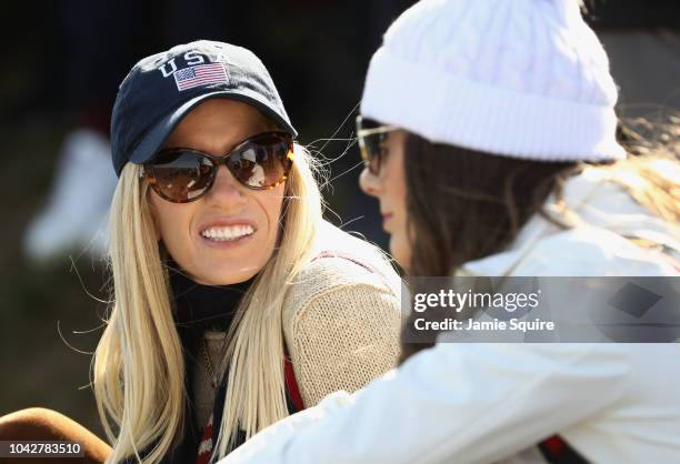 Patrick Reed's wife, Justine Reed chats during the morning fourball matches of the 2018 Ryder Cup at Le Golf National on September 29, 2018 in Paris,...