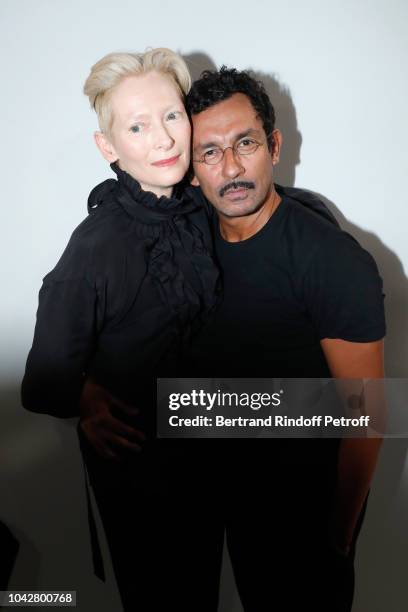 Actress Tilda Swinton and stylist Haider Ackermann pose after the Haider Ackermann show as part of the Paris Fashion Week Womenswear Spring/Summer...