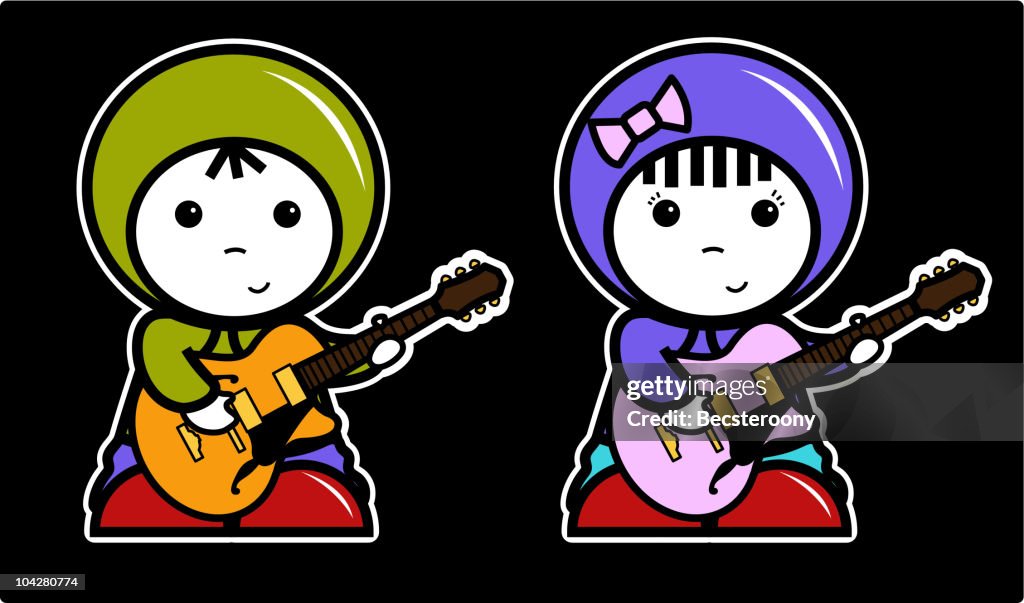 Funky boy and girl playing guitars