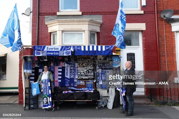 Merchandise stall selling Everton memorabilia outside Goodison Park home stadium of Everton FC during the Premier League match between Everton FC and...