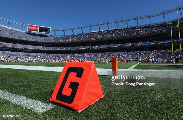 General view of the field as the Seattle Seahawks prepare to face the Denver Broncos defense at INVESCO Field at Mile High on September 19, 2010 in...
