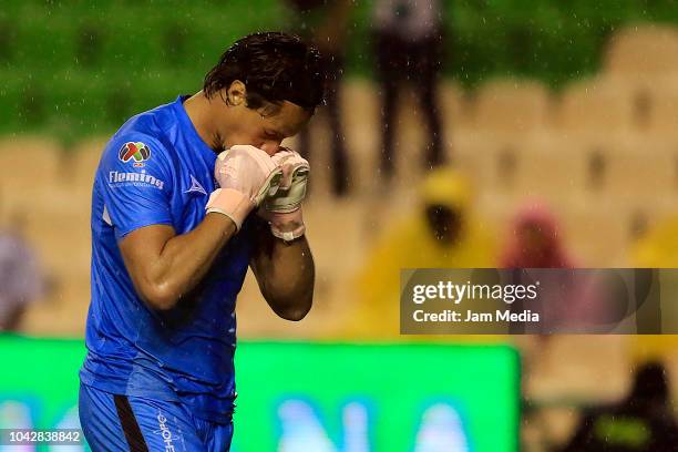 Jose Rodriguez of Lobos BUAP celebrates the first goal of his team during the 10th round match between Leon and Lobos BUAP as part of the Torneo...