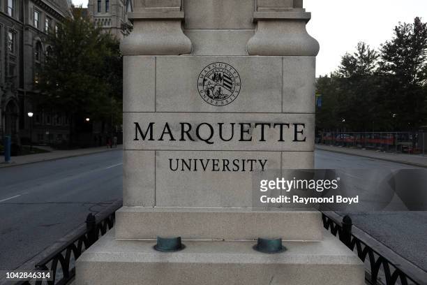 Marquette University marker at Marquette University in Milwaukee, Wisconsin on September 14, 2018.