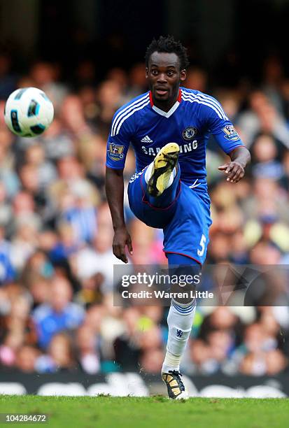 Michael Essien of Chelsea passes the ball during the Barclays Premier League match between Chelsea and Blackpool at Stamford Bridge on September 19,...