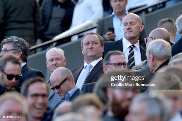 Mike Ashley, owner of Newcastle United looks o during the Premier League match between Newcastle United and Leicester City at St. James Park on...