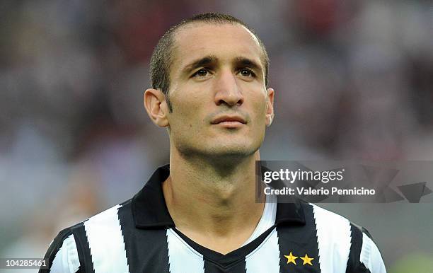 Giorgio Chiellini of Juventus FC looks on prior to the UEFA Europa League group A match Juventus FC and KKS Lech Poznan at Olimpico Stadium on...