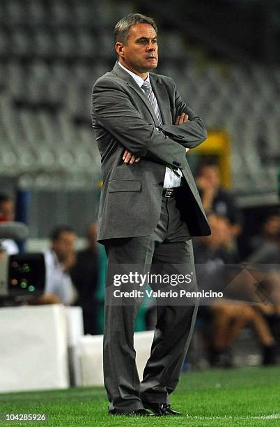 Lech Poznan head coach Jacek Zielinski watches the action during the UEFA Europa League group A match Juventus FC and KKS Lech Poznan at Olimpico...