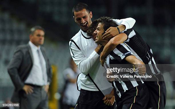 Alessandro Del Piero of Juventus FC celebrates his goal with Leonardo Bonucci during the UEFA Europa League group A match Juventus FC and KKS Lech...