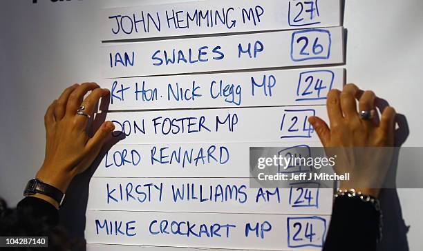 Woman places the score of Deputy Prime Minister Nick Clegg on the parliamentary Nintendo Wii leader board following his tour of stalls, ahead of his...