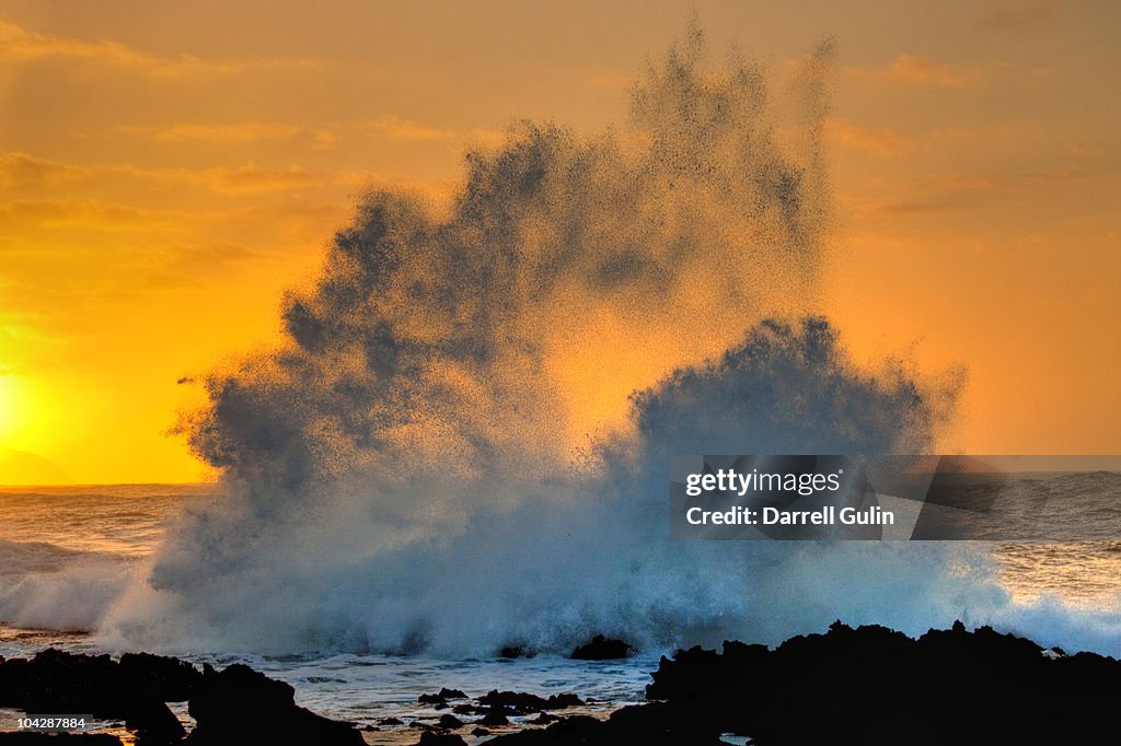 Waves crashing in wintertime on North Shore Oahu