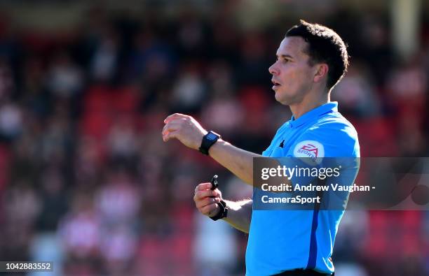 Referee Dean Whitestone during the Sky Bet League Two match between Cheltenham Town and Lincoln City at Whaddon Road on September 29, 2018 in...