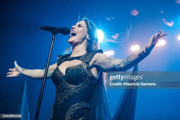 Floor Jansen singer member of the band Nightwish performs live on stage at Tom Brasil on September 28, 2018 in Sao Paulo, Brazil.