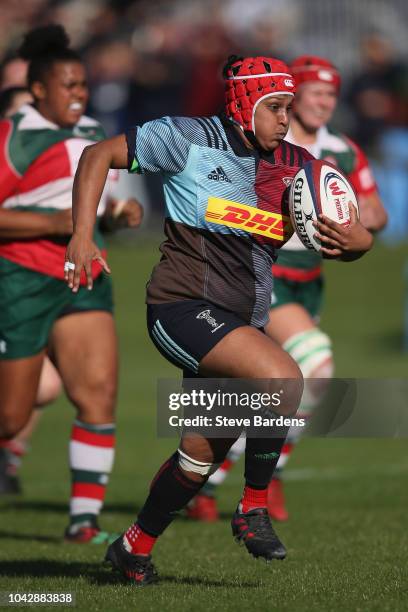 Davinia Catlin of Harlequins Ladies makes a break during the Tyrrells Premier 15s match between Harlequins Ladies and Firwood Waterloo Ladies at...