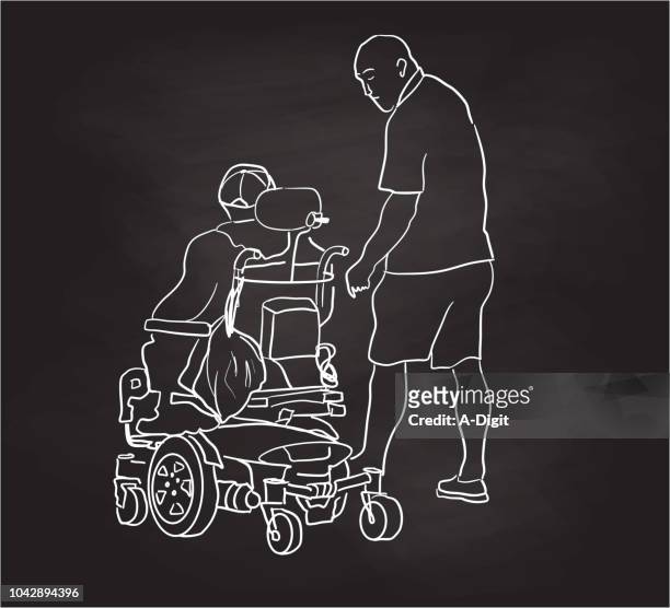 chalkboard paraplegic and friend - motorized wheelchair stock illustrations