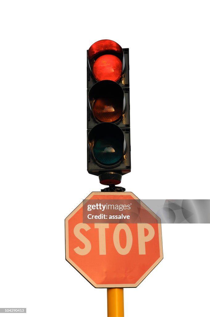 Red traffic light and stop sign (clipping path)