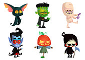Set of Halloween characters. Vector mummy, zombie, vampire,  bat, death grim reaper, pumpkin head. Great for party decoration or sticker