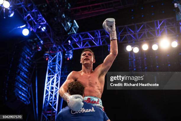 Luke Campbell is lifted up by his trainer Shane McGuigan as they celebrate after the WBC Lightweight World Title Final Eliminator fight between Luke...
