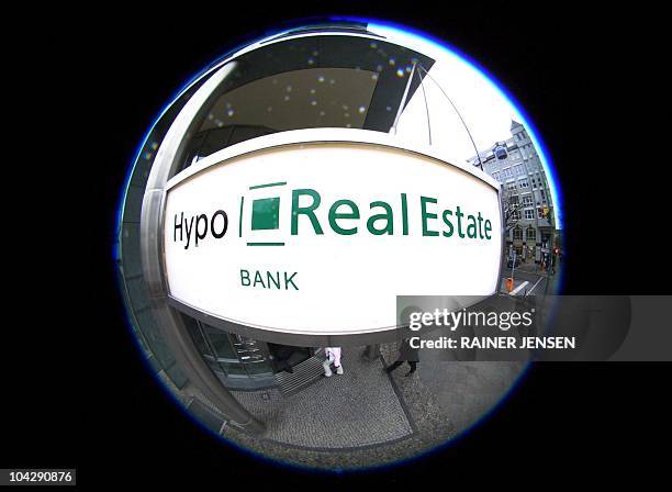 Picture taken with an ultra wide angle on January 23, 2009 shows the logo of Germany's Hypo Real Estate bank at a subsidiary of the bank in Berlin....
