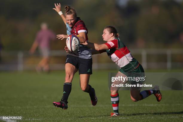 Emily Scott of Harlequins Ladies chips the ball ahead during the Tyrrells Premier 15s match between Harlequins Ladies and Firwood Waterloo Ladies at...