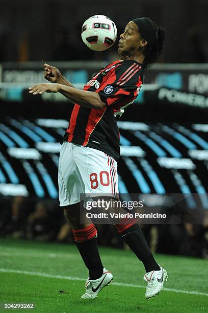 Ronaldinho of AC Milan in action during the Serie A match between AC Milan and Catania Calcio at Stadio Giuseppe Meazza on September 18, 2010 in...