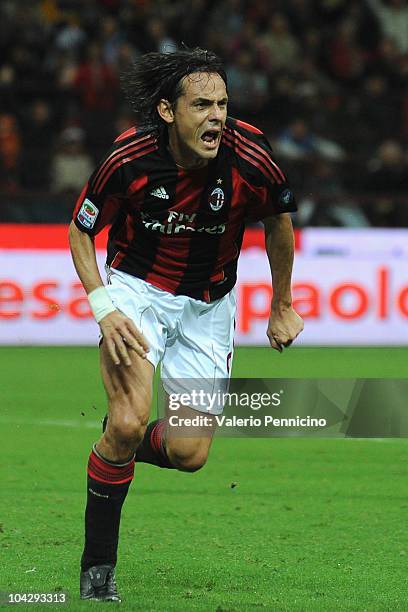 Filippo Inzaghi of AC Milan celebrates his goal during the Serie A match between AC Milan and Catania Calcio at Stadio Giuseppe Meazza on September...