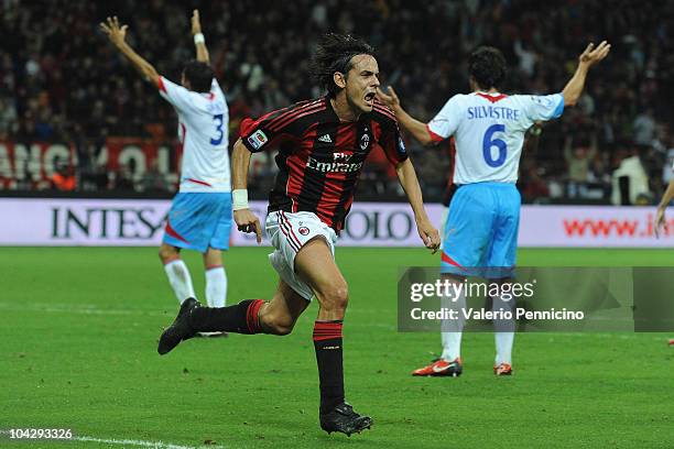 Filippo Inzaghi of AC Milan celebrates his goal during the Serie A match between AC Milan and Catania Calcio at Stadio Giuseppe Meazza on September...