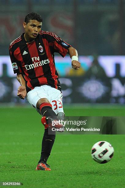 Thiago Silva of AC Milan in action during the Serie A match between AC Milan and Catania Calcio at Stadio Giuseppe Meazza on September 18, 2010 in...