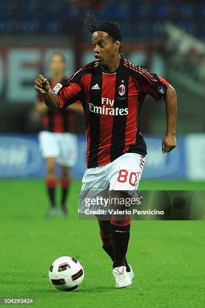 Ronaldinho of AC Milan in action during the Serie A match between AC Milan and Catania Calcio at Stadio Giuseppe Meazza on September 18, 2010 in...